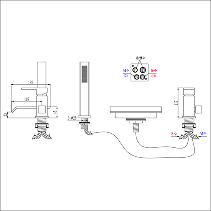 ST-03975B 매트 무광 블랙 대붙이 데크형 3홀 욕조 샤워 수전 수도꼭지